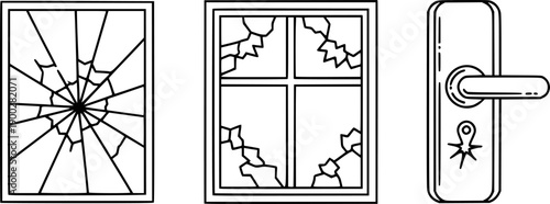 Black and white line art broken window glass cracked glass pane shattered window frame and door handle vector icons set
