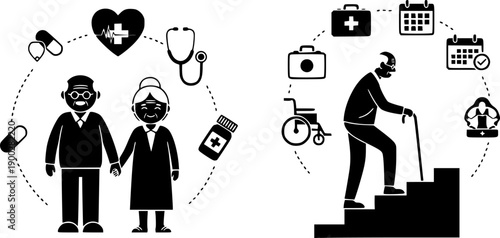 elderly couple holding hands medical care symbols and elderly man climbing stairs with cane health support icons