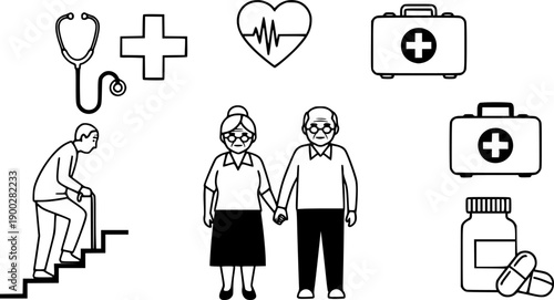 elderly couple holding hands medical care symbols and elderly man climbing stairs with cane health support icons