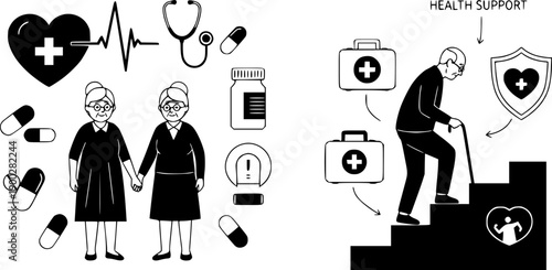 elderly couple holding hands medical care symbols and elderly man climbing stairs with cane health support icons