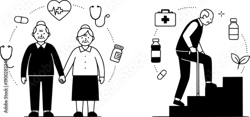 elderly couple holding hands medical care symbols and elderly man climbing stairs with cane health support icons