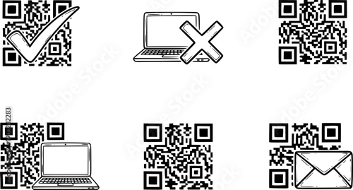 qr code icons with check marks, crosses, laptop, and envelope symbols in simple vector style.