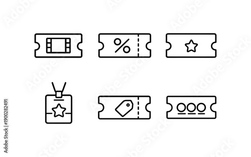 Collection of six simple line icons representing tickets, coupons, and badges for various uses