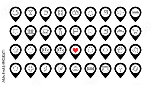 Map Pins vector Landscape Icons POI Point Interest Fun Entertainment