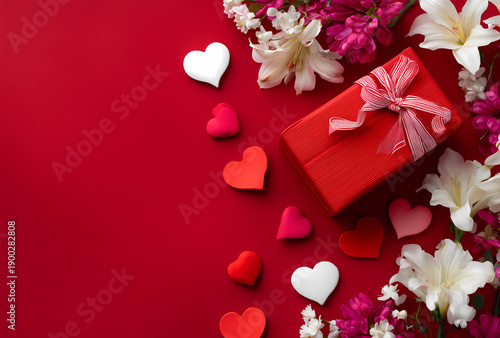 Romantic gift box surrounded by flowers and hearts.