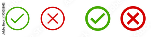 Yes and No or Right and Wrong or Approved and Declined Round Icons with Flat Thin Green Line or Outline Check Mark and Red X Cross Sign. Vector Image.