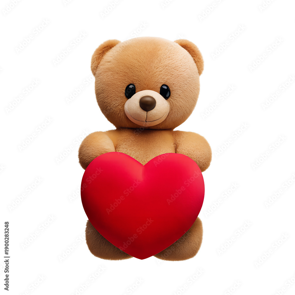 Fototapeta premium Adorable brown teddy bear holding a large red heart; Valentine's Day, romantic, love, affection