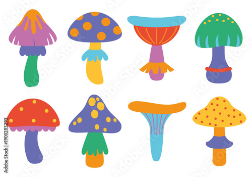 Magic mushrooms. Psychedelic hallucination. Set psychedelic artistic abstract trippy mushrooms