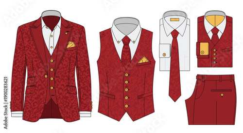Exquisite men's red formal suit with intricate jacquard pattern, including jacket, waistcoat, shirt, tie, and trousers,