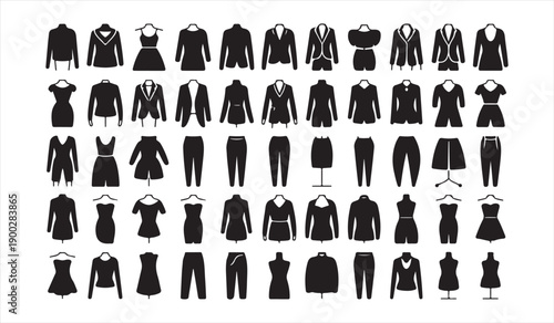 Clothing silhouette icon set with fashion outfits and apparel
