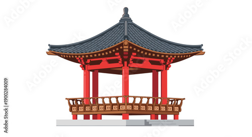 Vibrant traditional red wooden gazebo with a dark tiled roof, ornate golden accents, and an elaborate railing, inviting