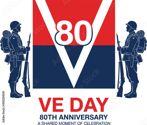 VE Day 80th anniversary commemorative illustration with soldier silhouettes and victory V symbol for World War II celebration