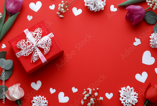 Red gift box with heart decorations on a red background.