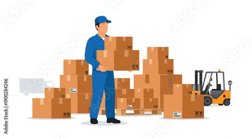 Dedicated warehouse worker in uniform carrying a cardboard box amidst towering stacks of packages and a forklift,