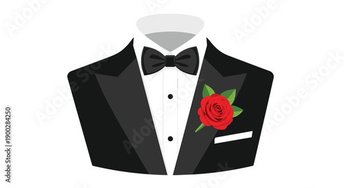 Sophisticated men's black tuxedo jacket with a pristine white shirt, elegant bow tie, and a vibrant red rose