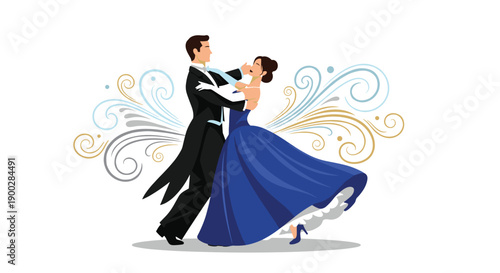 Elegant couple gracefully performing ballroom dance, the woman in a flowing blue gown, surrounded by decorative swirls,