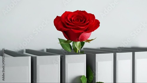 Red rose among gray office binders on white shelf