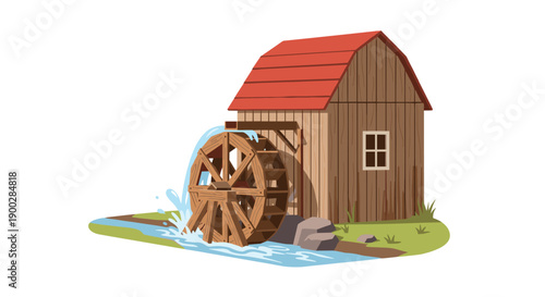 Quaint wooden water mill with a vibrant red roof, actively powered by a flowing stream on a green grassy bank, rustic