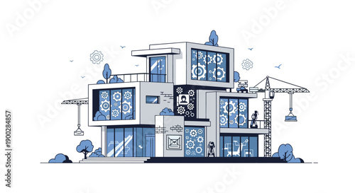 Contemporary multi-level building under construction with cranes, featuring integrated gears, symbolizing smart