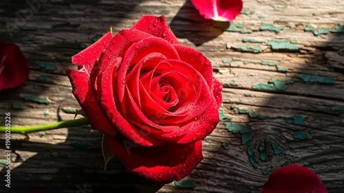 A single beautiful red rose with green leaves lies on a rustic wooden background, symbolizing love and romance as a perfect floral gift for a Valentine bouquet