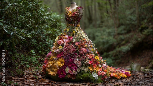 A magical garden spirit wearing a dress woven from every type of flower imaginable