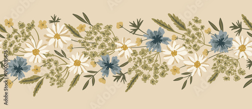 Romantic meadow wildflower vector seamless pattern horizontal border with bachelor buttons, chamomile, Queen Anne's lace. Hand-drawn bouquets. Vintage cottagecore design for farmhouse textiles, rustic
