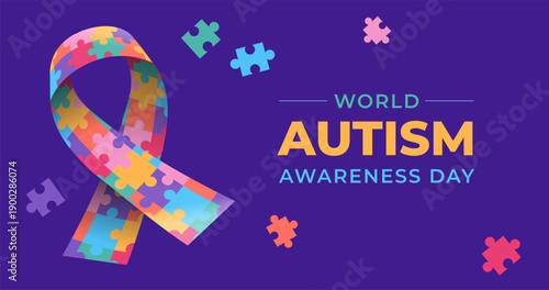 World autism awareness day banner template and poster background with ribbon sign from colorful puzzle pieces.