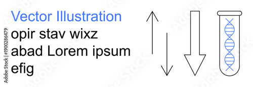Scientific research, biotechnology, genetics, DNA analysis, laboratory studies, experimentation. DNA double helix in test tube with arrows. Genetics and scientific research concept