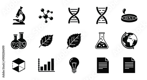 Scientific laboratory equipment icons represent research.
