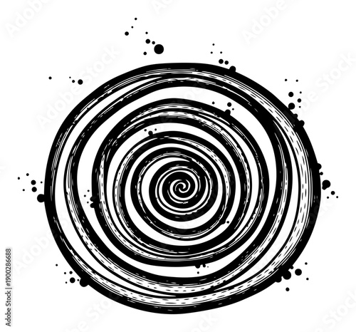 Abstract hand drawn black ink spiral vortex with decorative splatters