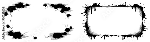 Set of grunge black ink frames with dripping liquid edges and cracked holes