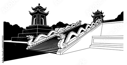 Perspective view of a traditional asian temple architecture with dragon balustrades