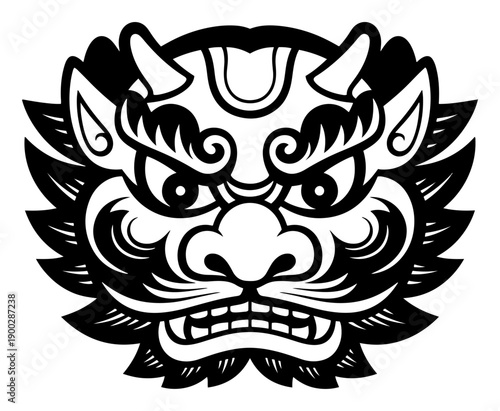 Bold black and white Japanese demon oni mask illustration in traditional tattoo style