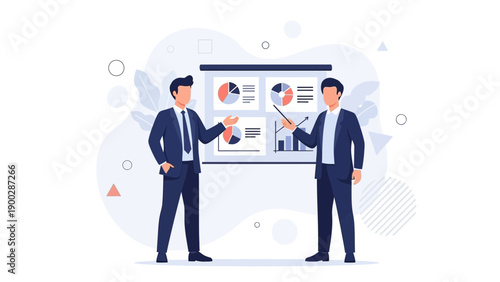 Business Meeting: Two Men Presenting Financial Data on Whiteboard