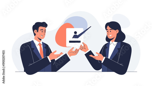 Business meeting illustration: two colleagues discussing a document with checklist and profile icon.