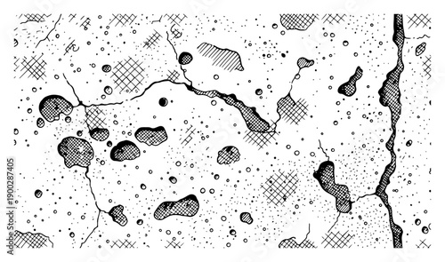 Grungy cracked concrete wall texture with hand drawn ink details and holes