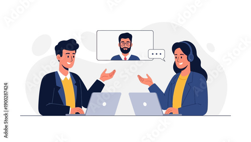 Business meeting online: colleagues discussing project via video call on laptops