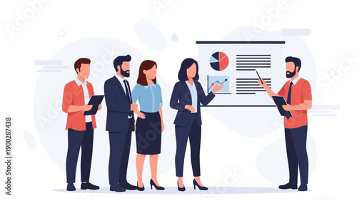 Business Meeting Presentation: Team Discussing Financial Charts and Graphs