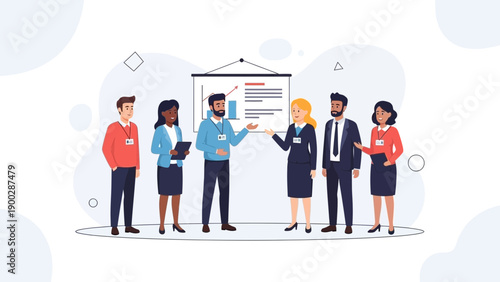 Business meeting presentation, diverse team discussing strategy at whiteboard