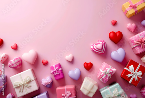 Colorful gift boxes and hearts on pink background.