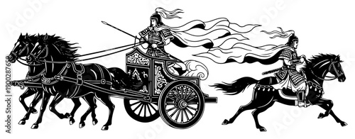 Ancient Chinese warriors with war chariot and galloping horses in traditional style