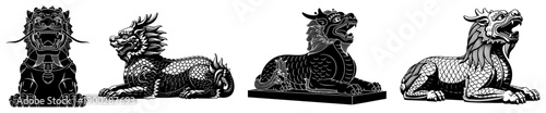 Collection of traditional Asian mythological stone carvings of guardian dragons and qilin
