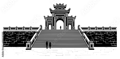 Wide view of a grand traditional Asian temple gate with a large stone staircase and people silhouettes