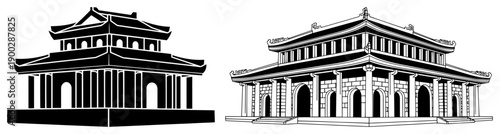 Traditional Asian temple architecture in silhouette and line art styles