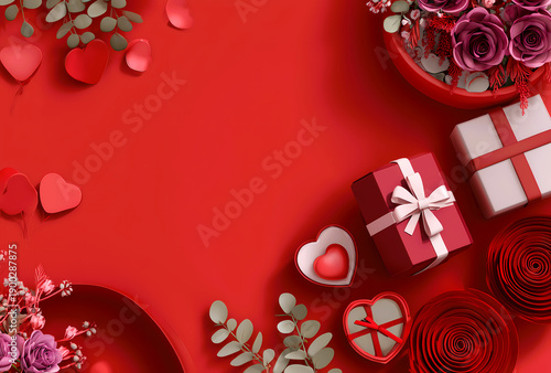 Valentine's Day gifts on red backdrop with hearts and flowers.