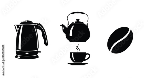 Black silhouettes of a kettle coffee pot bean and cup silhouette