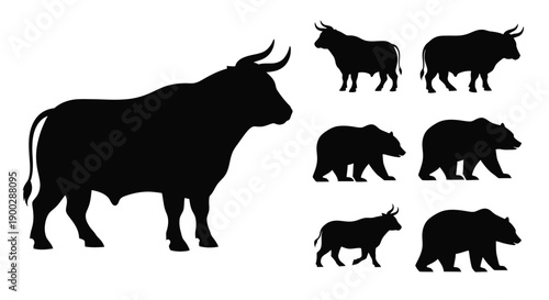 Black silhouettes of bulls and bison against a white background silhouette