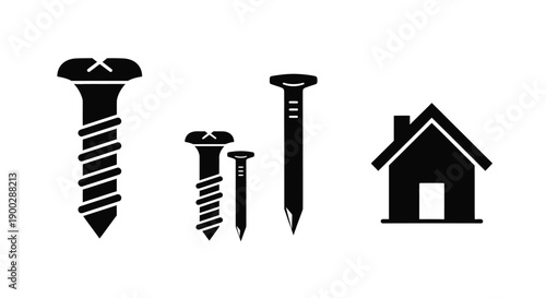 Various fasteners and a house shape in stark black silhouette