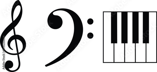 Black silhouette set of treble clef bass clef and piano keys on white background for music education theory and instrumental lesson concept
