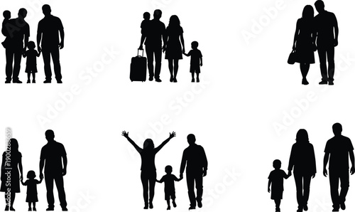 Black Silhouette Vector Set of Families Traveling with Suitcases and Children for Summer Vacation Holiday Tourism Global Travel and Family Bonding Graphics